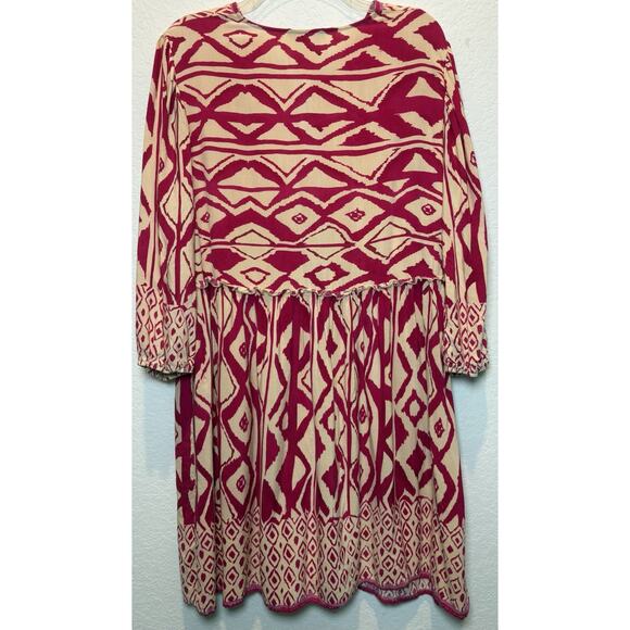 BTFBM Hot Pink/Cream Bohemian Dress 100% Rayon Geometric Print Size Large - Picture 2 of 3